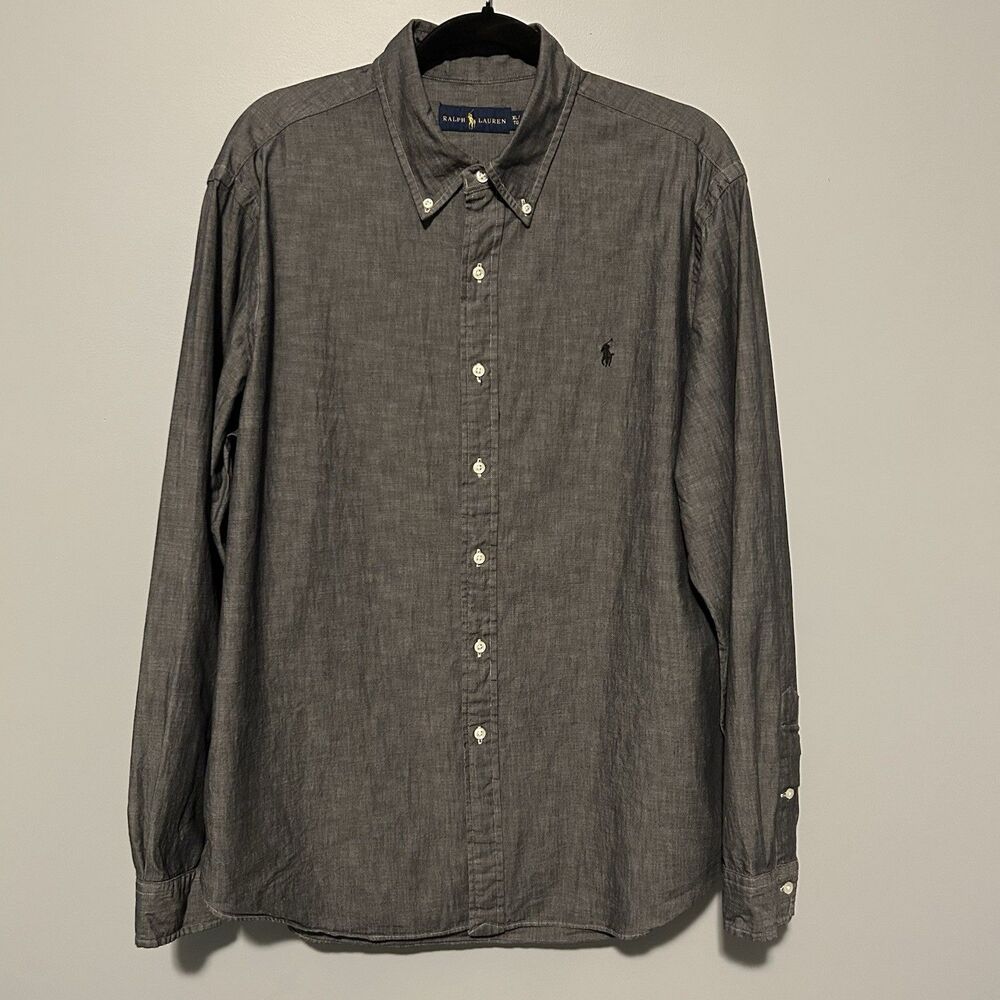 Ralph Lauren Mens Button Down Shirt Size XL Solid Black Collared Long Sleeve